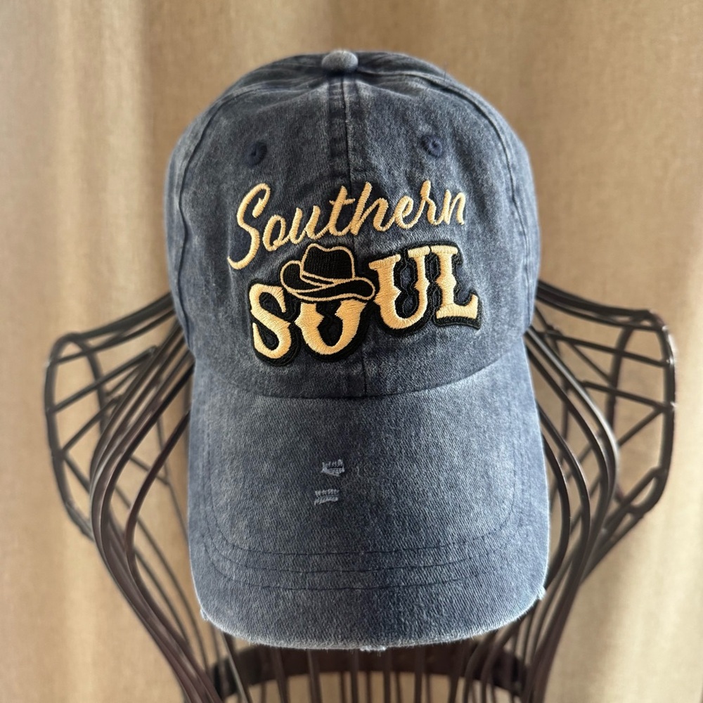 "Southern Soul" - SEC - Distressed Ball Cap - Denim & White - Women’s